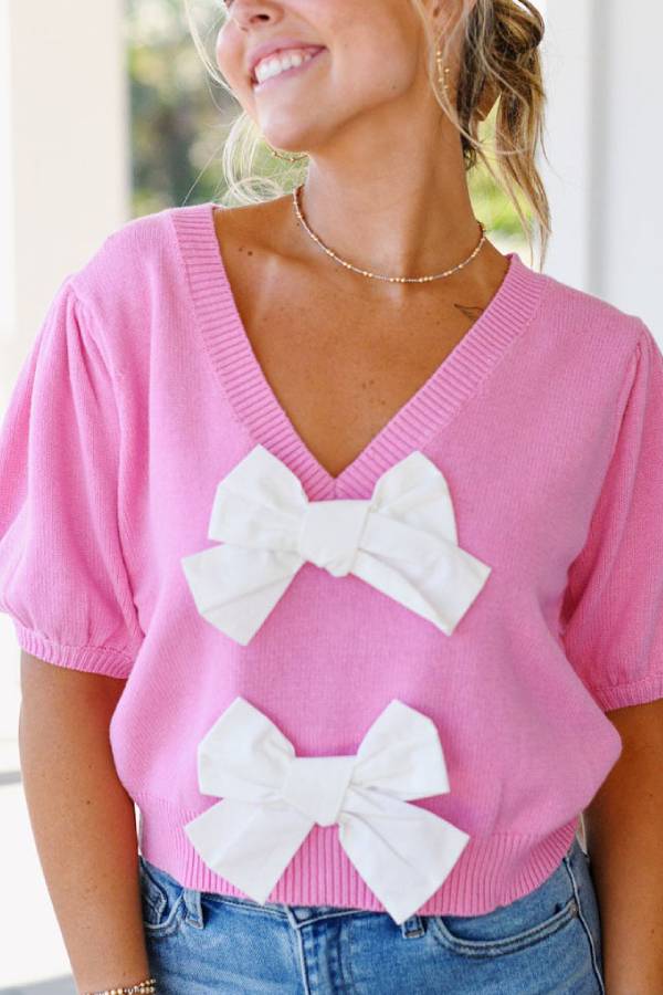 V-Neck Short-Sleeved Double Bow Solid Color Sweater
