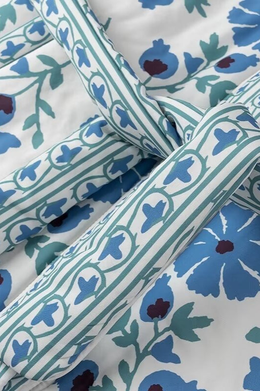 Floral Print Tie Waist Cotton Puffer Coat