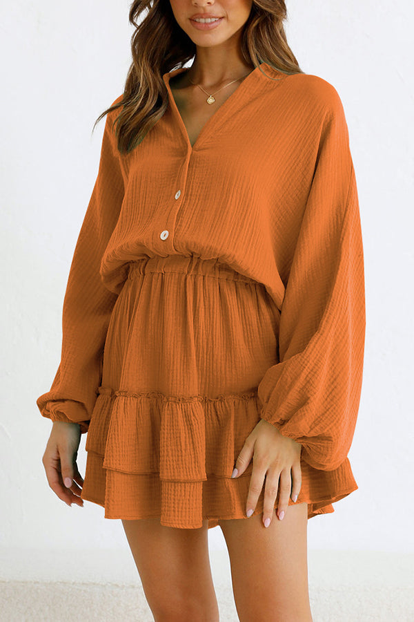 Button Long Sleeve Loose Shirt Dress Elastic Waist Ruffle Skirt