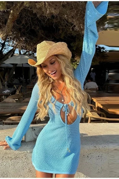 Tie Front Keyhole Bell Sleeve Crochet Pointelle Hollow Out Knit Mini Dress