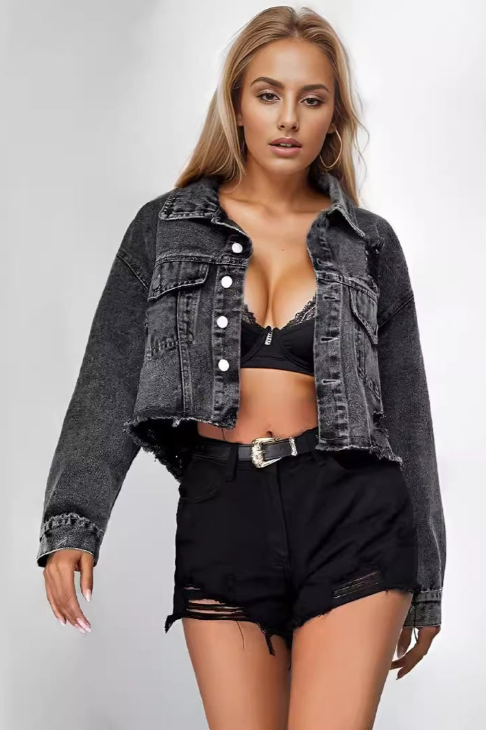 Distressed Raw Hem Denim Jacket