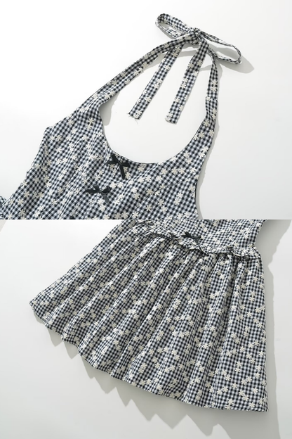Gingham Print Halter Neck Mini Dress