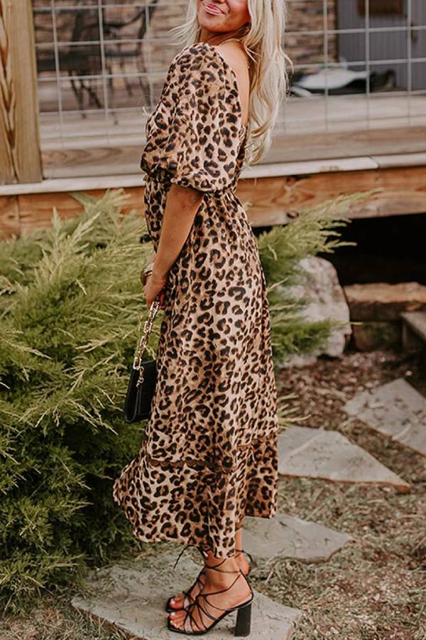 Brown Leopard Print Puff Sleeve Ricrac Maxi Dress