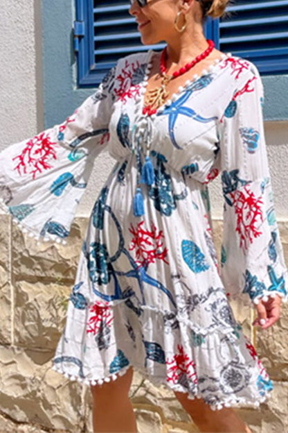 Bell Sleeve V Neck Coral Starfish Short Dress