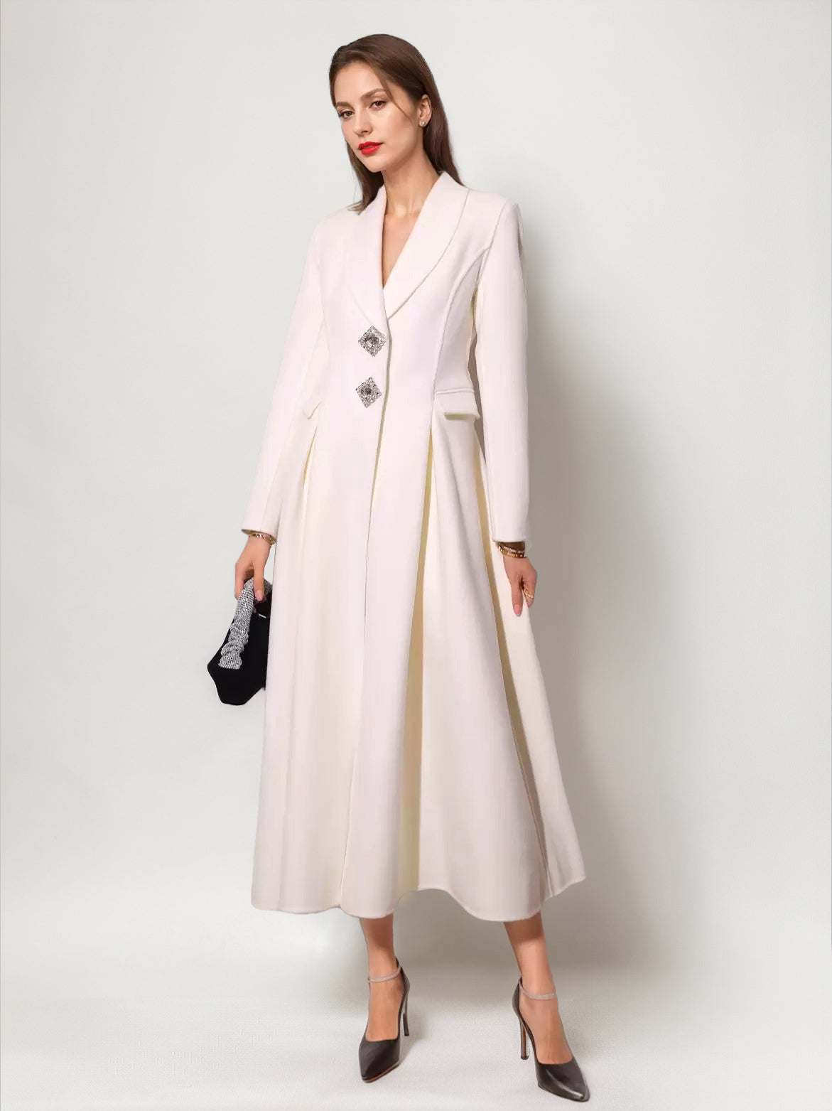 White Wool Cashmere Blend Flared Coat Lapel Double-Faced Winter Outerwear 2026