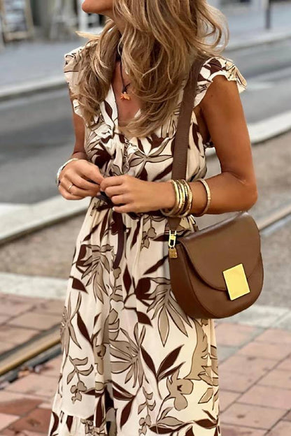Brown Ruffled V Neck Leaves Print Long Dress