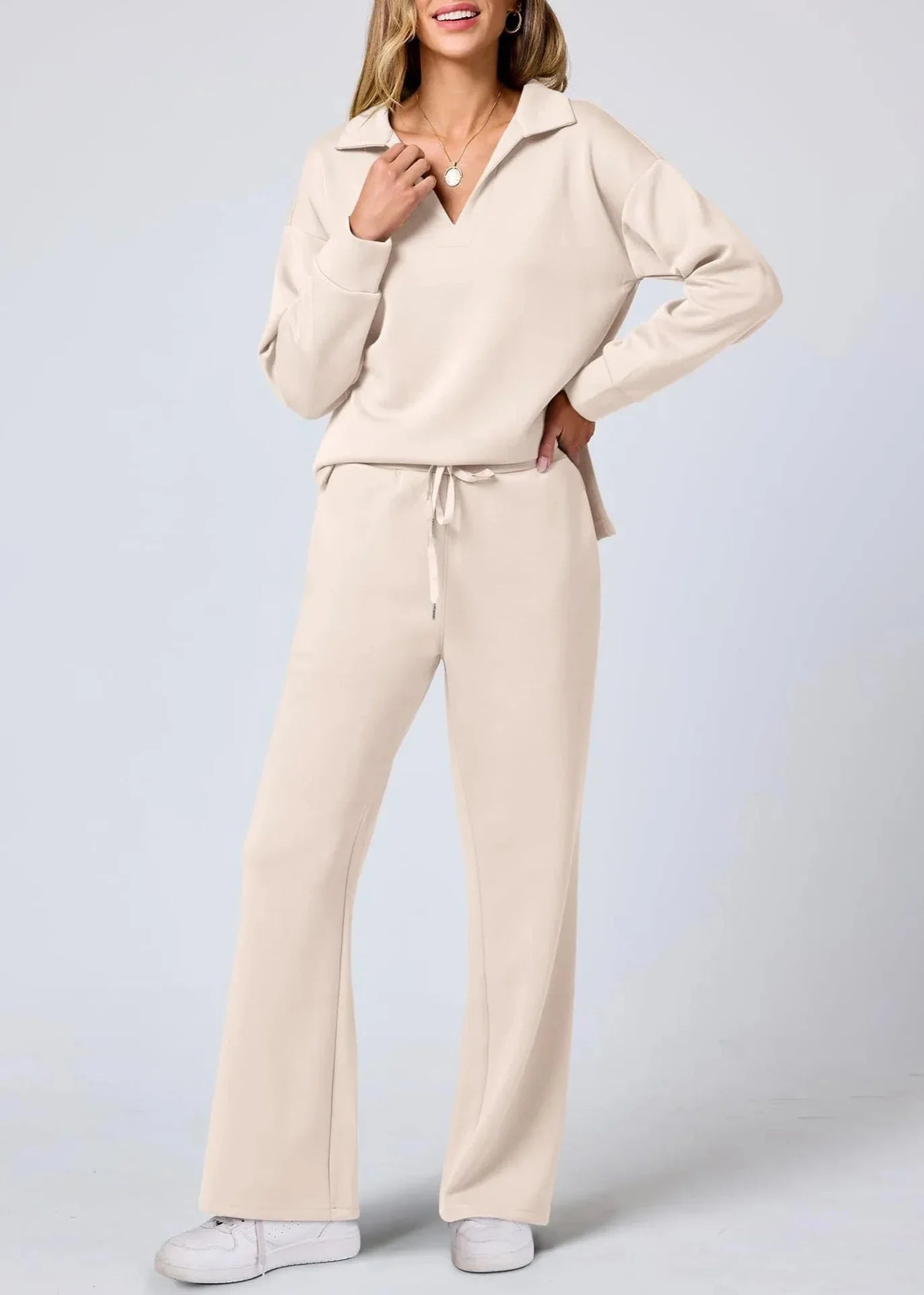 Relaxed Collar Pullover & Wide-Leg Pants Set