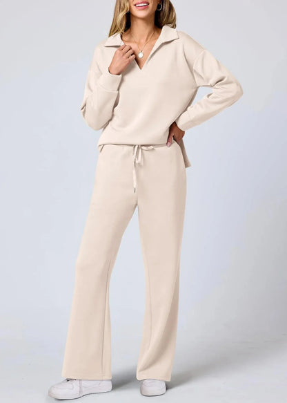 Relaxed Collar Pullover & Wide-Leg Pants Set