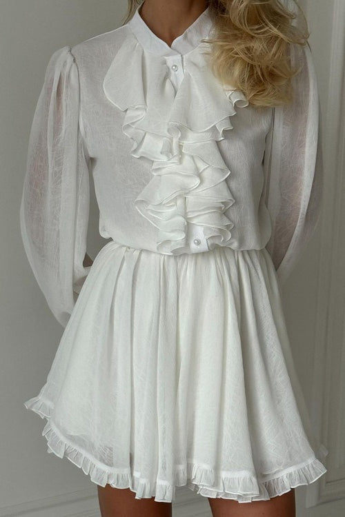 Stand Collar Ruffle Front Bishop Sleeve Flared Hem Mini Dress