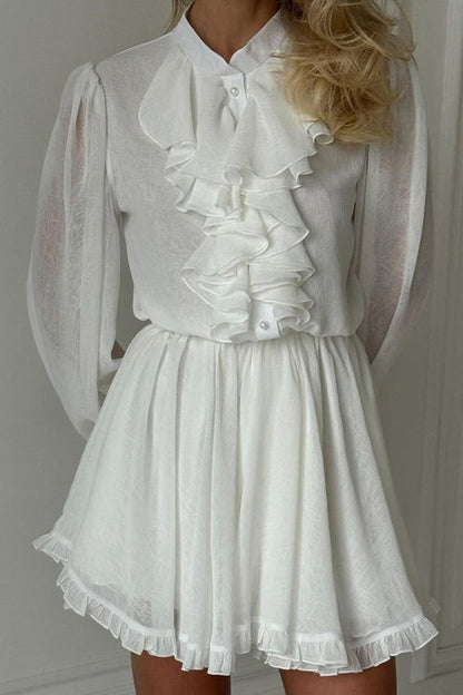 Stand Collar Ruffle Front Bishop Sleeve Flared Hem Mini Dress