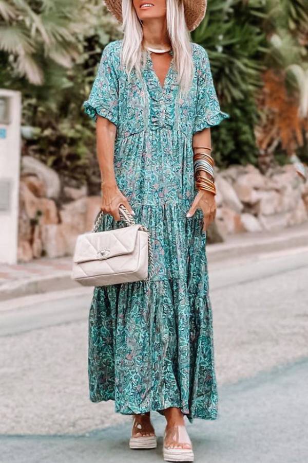 Sky Blue Paisley Print Split V Neck Tiered Boho Maxi Dress
