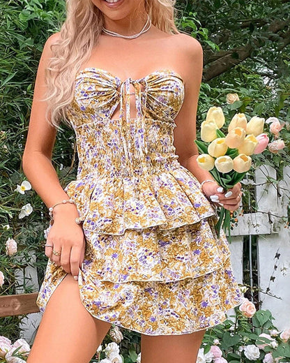 Floral Print Strapless Lace-up Cutout Mini Dress
