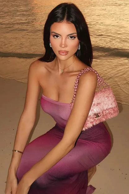 Gradient Print Strapless Bodycon Maxi Dress