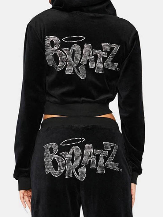 Letter Rhinestone Print Short Hoodie