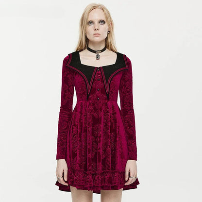Gothic Damask Velvet Pointed Collar Button Front Ruffle Hem Mini Dress