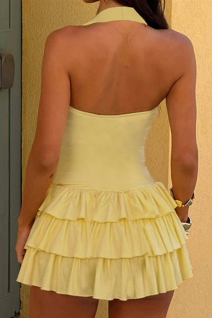 Halter Neck Corset Seam Tiered Ruffle Mini Dress