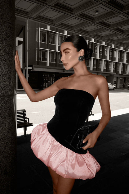 Velvet Paneled Strapless Bubble Hem Mini Dress