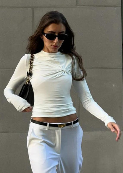 Twisted Pleat Detail Round Neck Women's Top