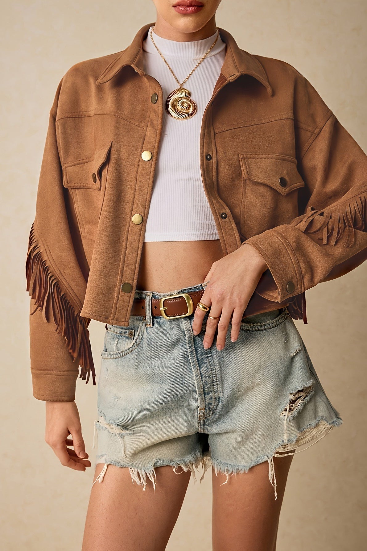 Fringe Trim Drop Shoulder Casual Jacket