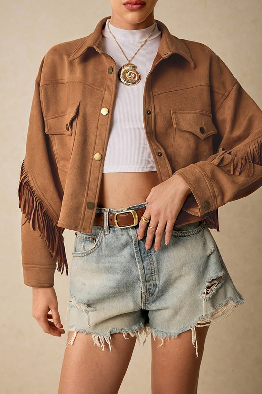 Fringe Trim Drop Shoulder Casual Jacket