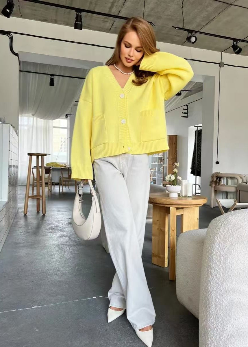 Bright Yellow Oversized Cardigan - Women’s V-Neck Knit Sweater