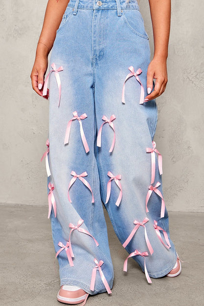 Bow Detail High Waist Wide Leg Jean