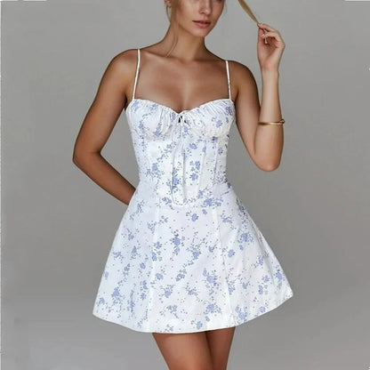 Flower Ruched Bow Back Slim Waist Mini Dress
