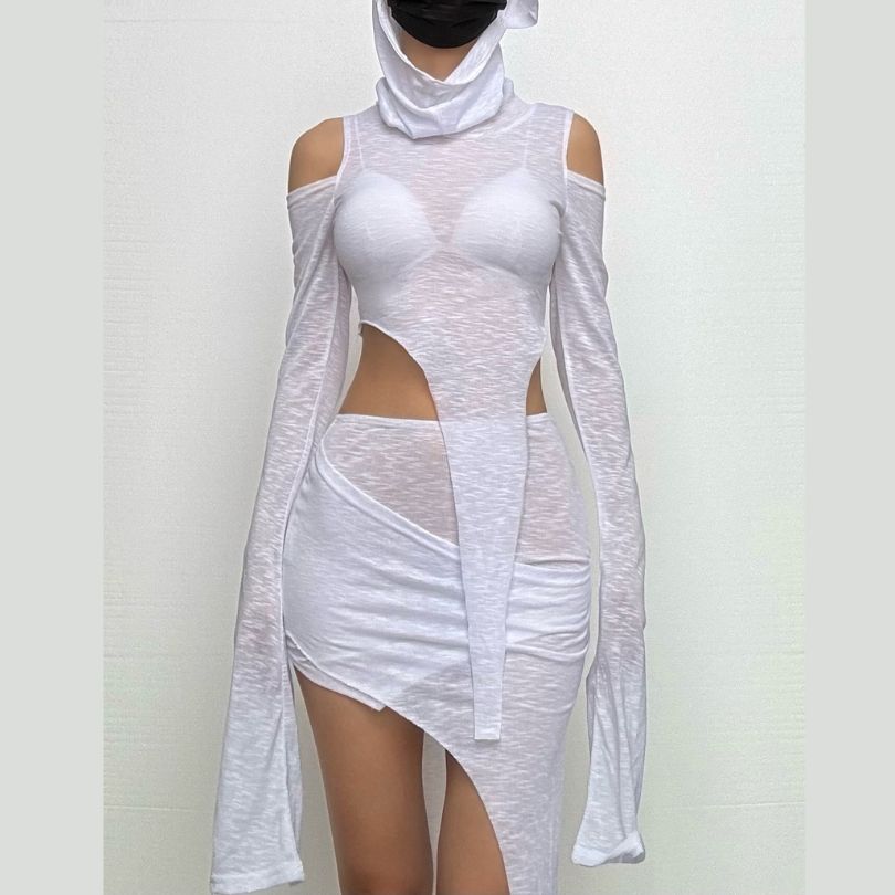 Hoodie irregular solid off shoulder long sleeve mini skirt set