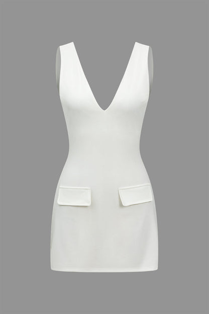 Solid V-neck Fake Pocket Mini Dress