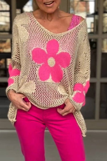 Floral Knitted Hollow V-neck Shirt Floral Mesh Sweater