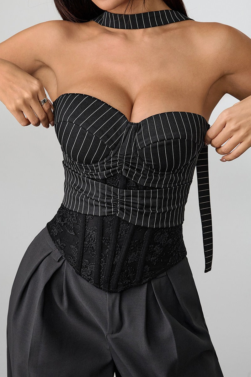 Stripe Lace Trim Backless Corset Crop Top