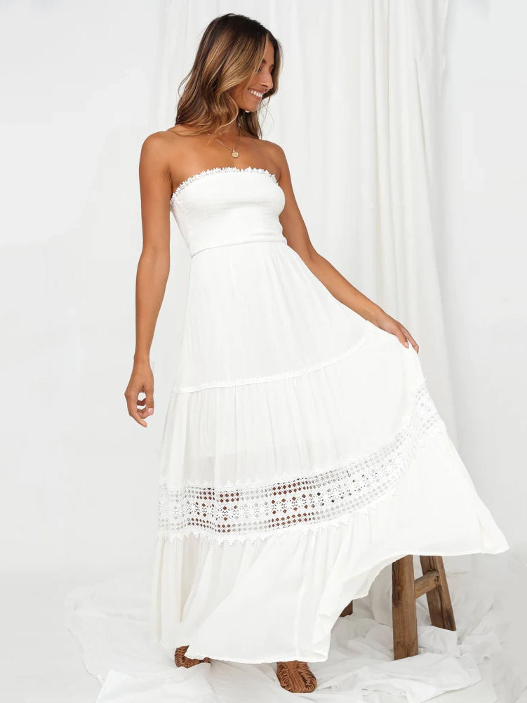 Strapless Smocked Maxi Dress for Women - Boho Crochet Lace Tiered Tube Dress - Summer Beach Resort 2026