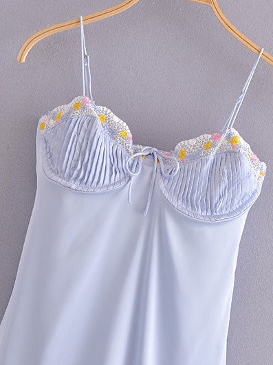 Blue Floral Embroidered Satin Spaghetti Strap Dress