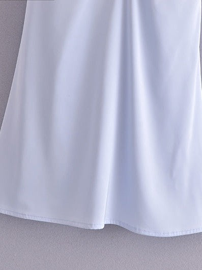 Blue Floral Embroidered Satin Spaghetti Strap Dress