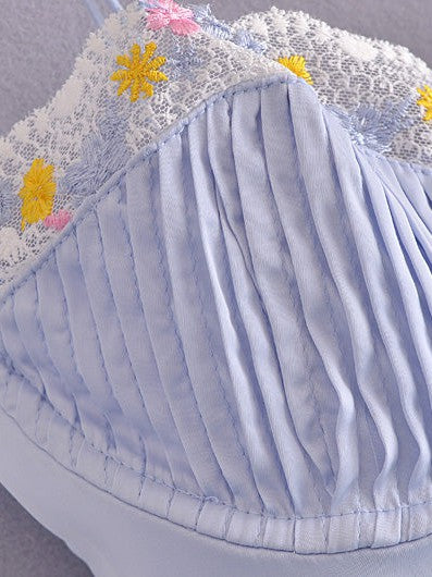 Blue Floral Embroidered Satin Spaghetti Strap Dress