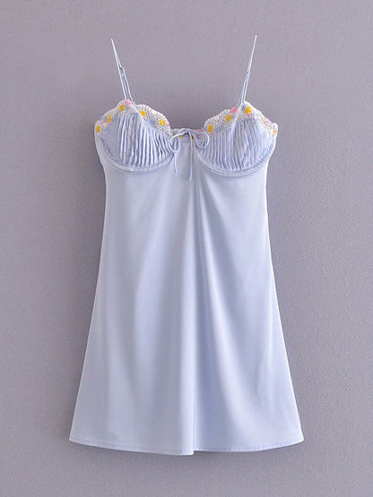 Blue Floral Embroidered Satin Spaghetti Strap Dress