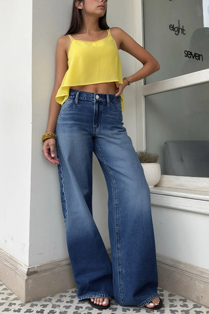 Stylish Pocket Casual Straight Wide Leg Women's Jeans