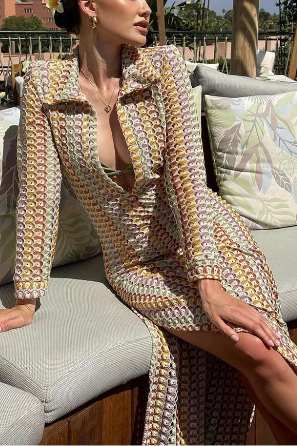 Handmade crocheted hollow low-cut V-neck slit long dress