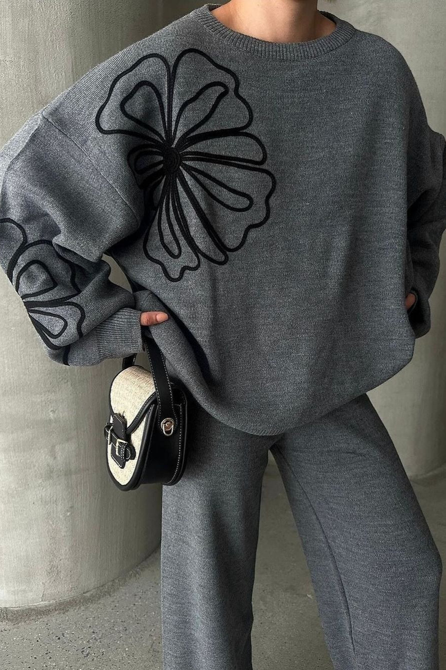 Casual Round Neck Knit Sweater with Pants Two Piece Pants Set