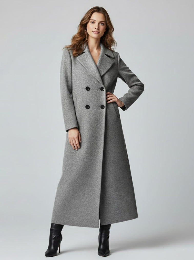 Maxi Double-breasted Woolen Coat in Sophisticated Straight Cut For Women 2026