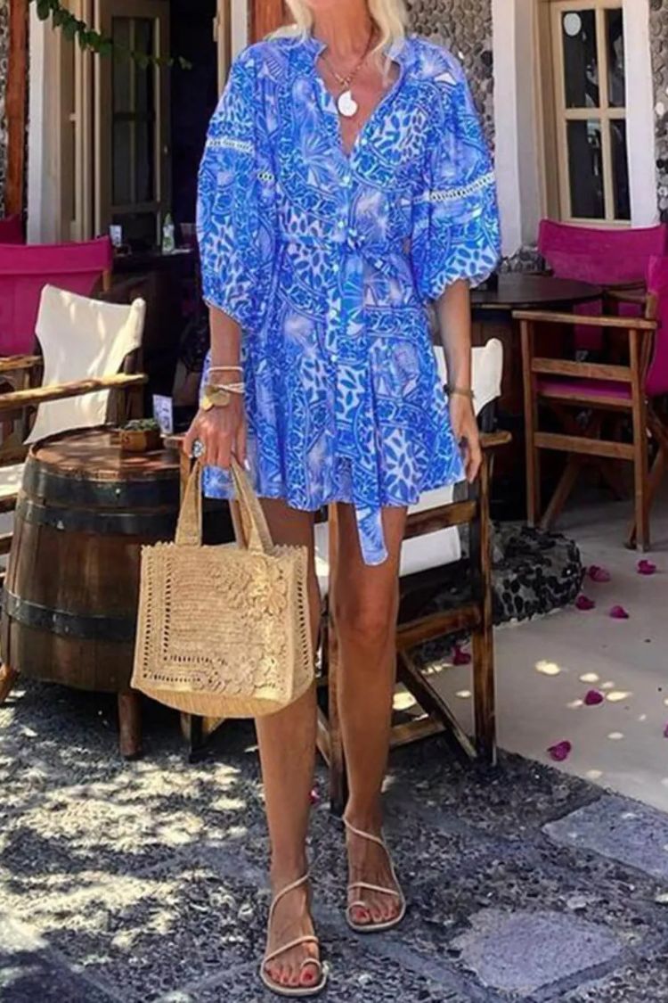 Fashion Stand Collar Shift Printed Resort Mini Dress