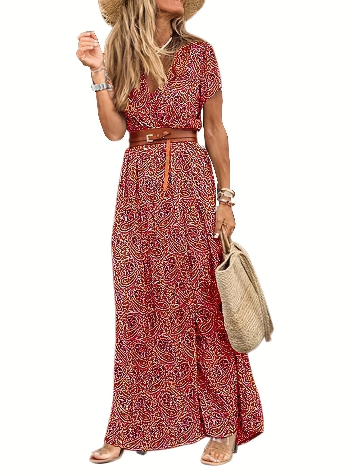 Paisley Print V-Neck Short Sleeve Belted Side Slit Maxi Dress