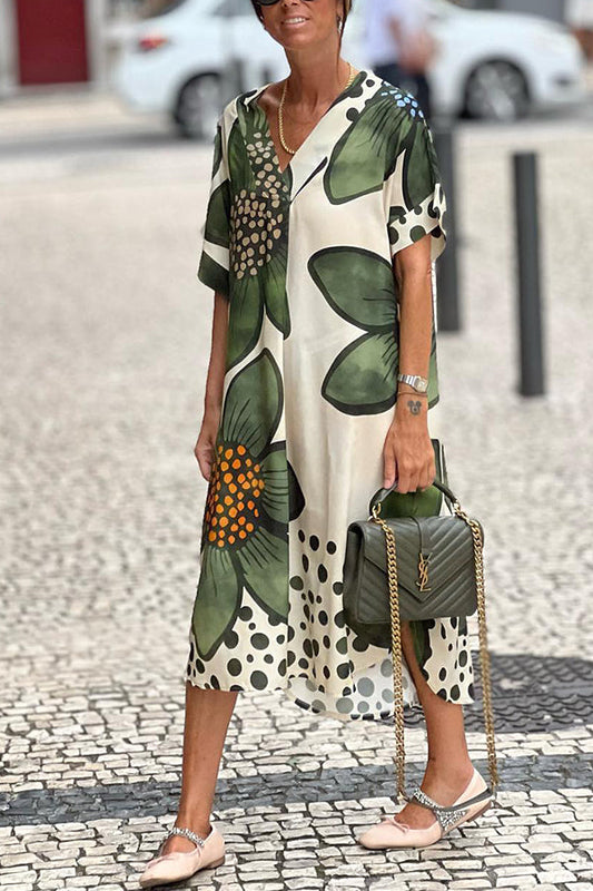 Green flower v-neck short-sleeved loose dress