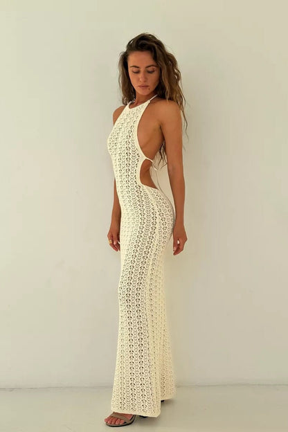 Halter Backless Crochet Boho Vacation Maxi Dress