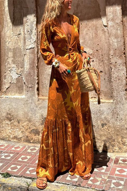 Sunflower Print Ring Cutout Waist Long Sleeve Maxi Dress