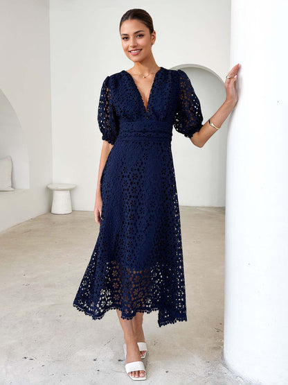 Lace Dress V-neck Puff Sleeve A-line Midi Dress For Women 2026