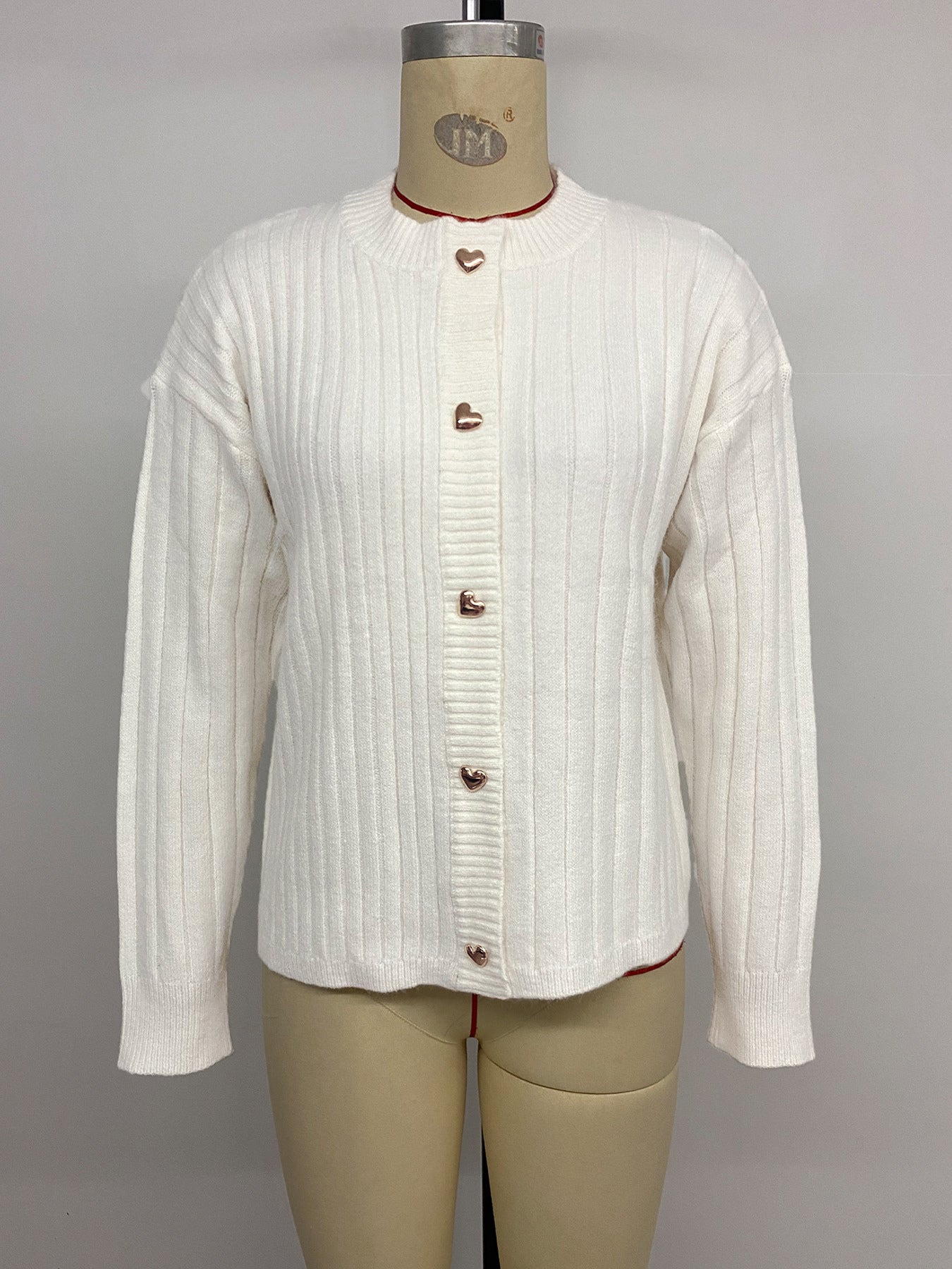 Heart Button Ribbed Knit Cardigan Round Neck Long Sleeve Top For Women 2026