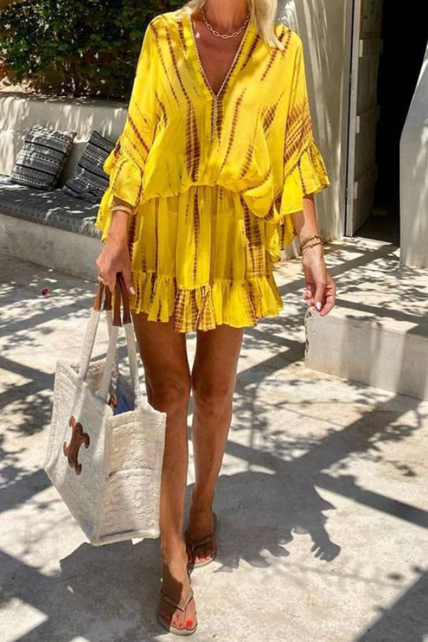 Lemon Flavor Tie Dye Ruffle Batwing Sleeve Elastic Waist Kaftan Mini Dress