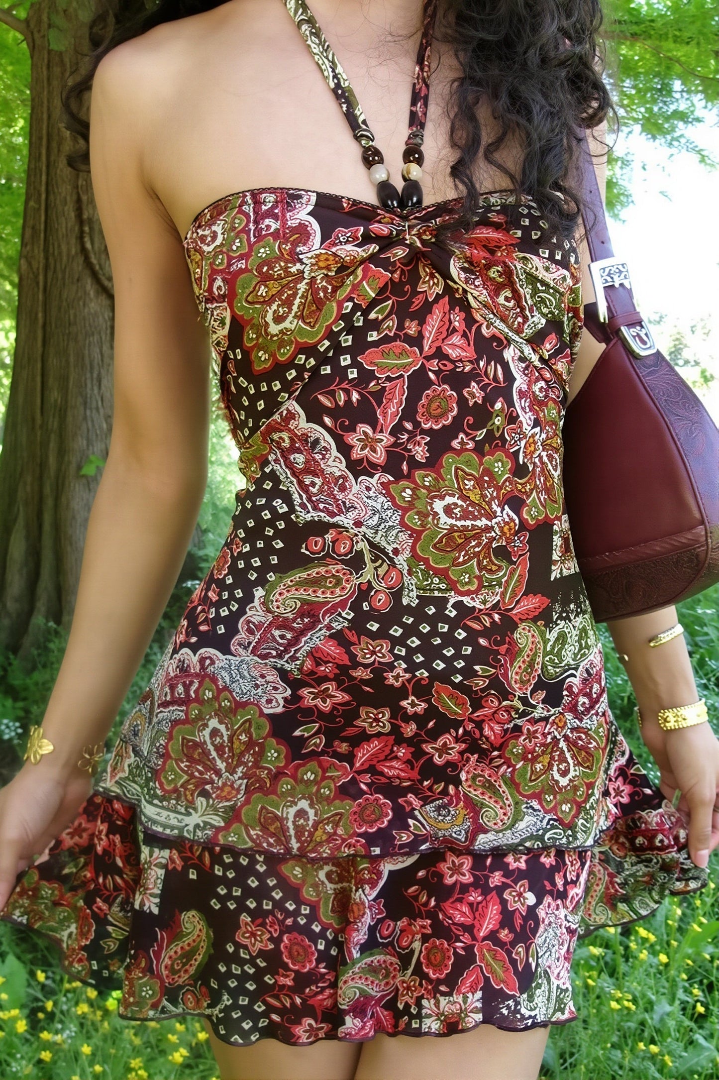 Beaded Halter Paisley Print Ruffled Hem Mini Dress