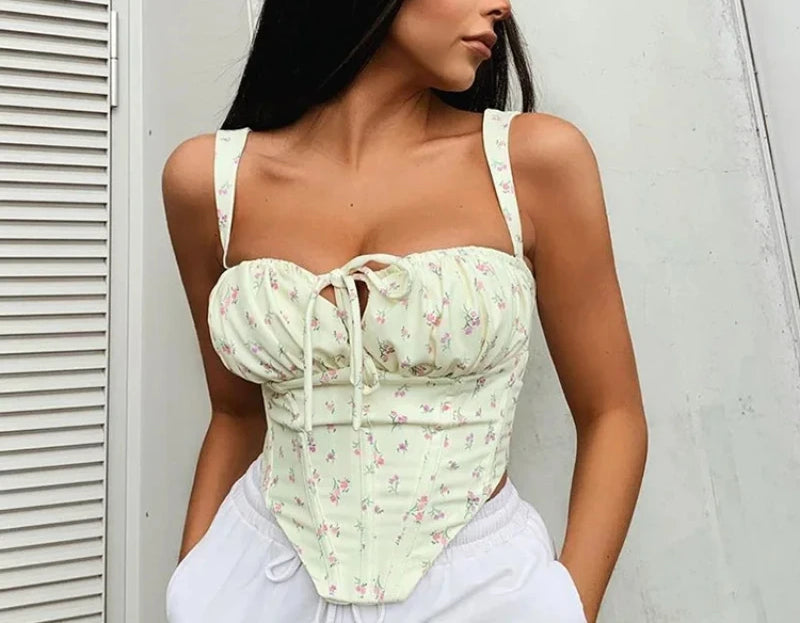 Floral Lace Ruched Tie Low Cut Slim Fit Backless Bustier